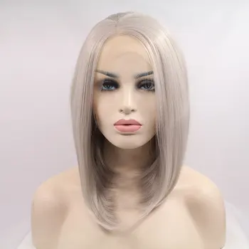 

Bombshell Platinum Short Straight Bob Synthetic Lace Front Wig Glueless Heat Resistant Fiber Hair Middle Parting For Women Wigs