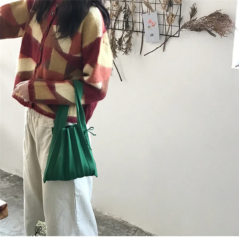 

Wool Knitting Pleated Bag Fashion Patchwork Drawstring Shopping Bags Girls Causal Weave Shoulder Bag Korean Chic Small Handbag