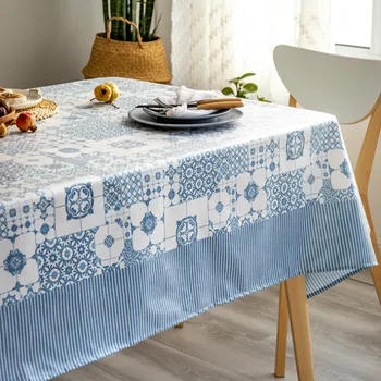 

DUNXDECO Waterproof Oil Proof Tablecloth Party Table Cover Fabric Modern Morocco Blue Floret Brick Print Art Desk Decorating