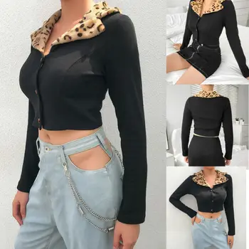 

New Autumn Spring Leopard Women Long Sleeve Button Tops Fashion Solid Slim Fur Collar Crop Top Jacket Coat Casual Ladies Outwear