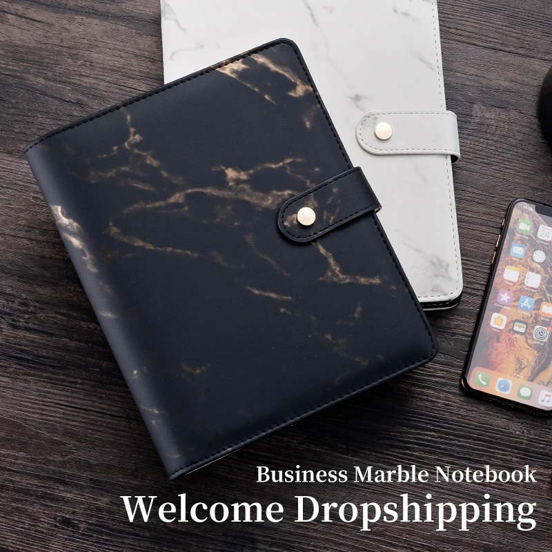Black Ring Binder Marble Notebook Capa Dura Revistas Planejador Organizador Substituível Presente a5