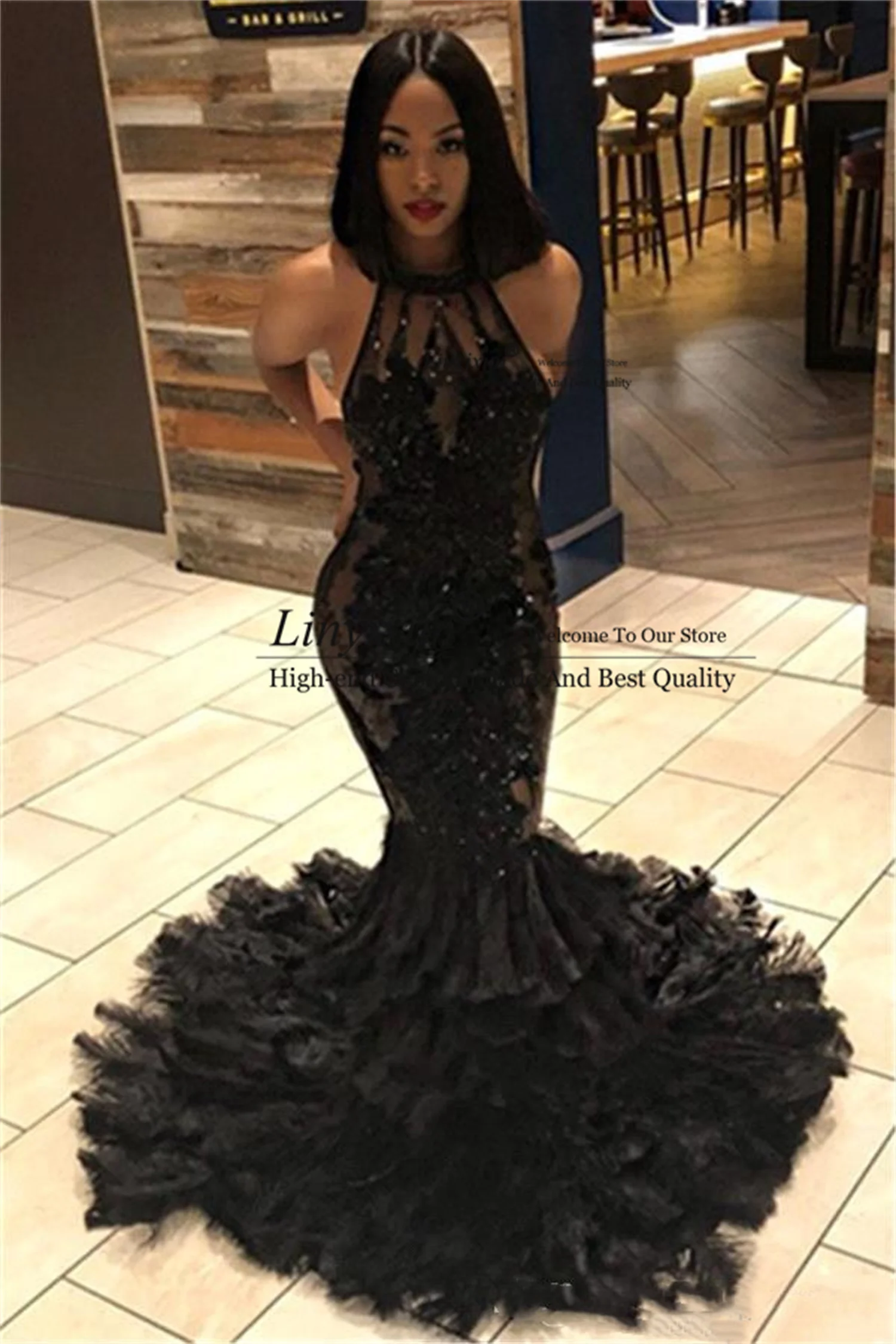 blue prom dresses Afrcain Black Halter Lace Mermaid Prom Dresses 2022 Illusion Tulle Applique Beaded Long Eevning Party Gown Formal Robe De Soiree prom & dance dresses Prom Dresses