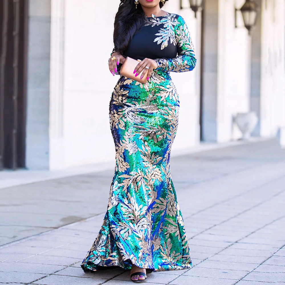 Vintage-Green-Long-Sleeve-Mermaid-Sequins-Dress-Sparkly-Elegant-Plus-Size-Shiny-Party-Evening-African-Long