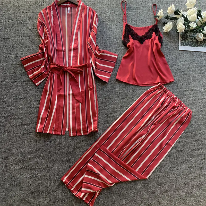 

QWEEK Satin Pijamas Mujer Sleepwear Nightwear Silk Stripes Pajamas for Women Pyjamas 3 Pieces Set Sexy V-neck Sleep Lounge Women
