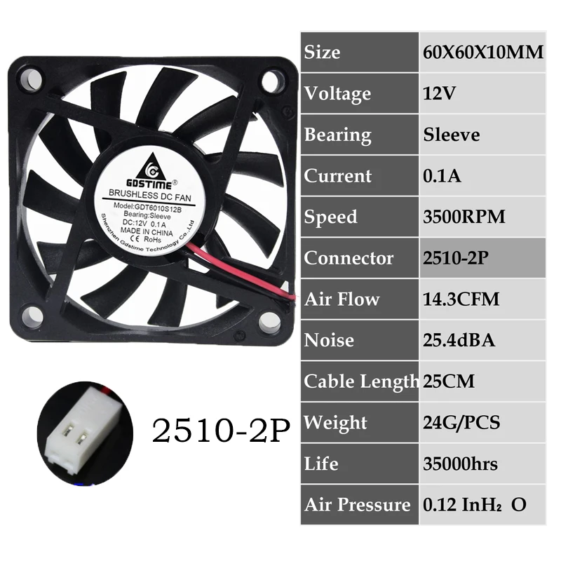 2 шт. Gdstime 2Pin DC 5 в 12 В 24 в 24 вольт 6 см 60x60x10 мм 60 мм двойной шариковый подшипник Бесщеточный вентилятор охлаждения 60 мм x 10 мм кулер - Цвет лезвия: 0.1A6010S12V2510-2P
