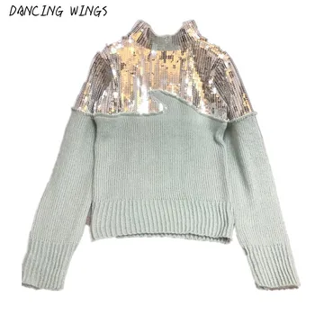 

Autumn Winter Women Long Sleeve Sequined Sweater Pullover Loose Turtleneck Sequins Knitted Cotton Tops