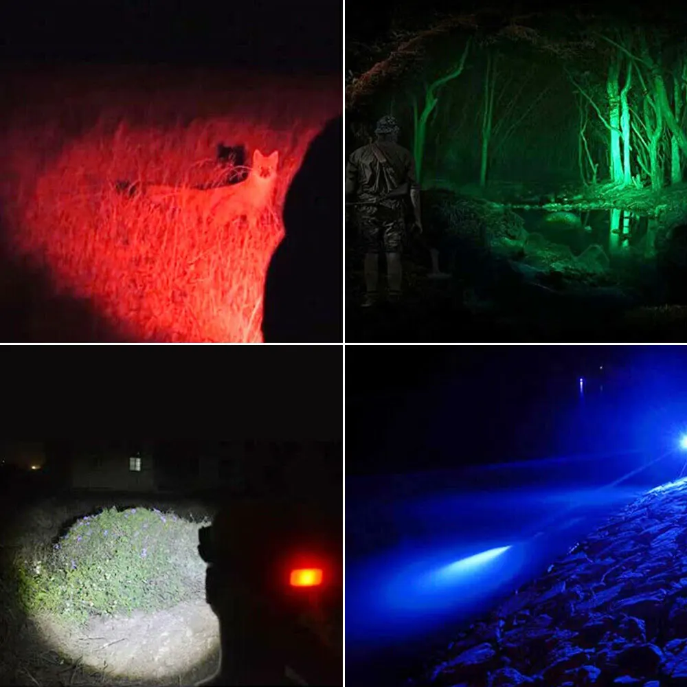 4 In 1 Adjustable Focus LED Headlight Red+Green+Blue+White Zoomable Fishing Front Head Flashlight Torch USB Red Warning Light head flashlight cob headlamp bike headlight