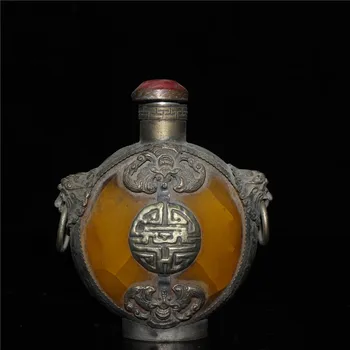

Chinese old Beijing old goods collection old Copper inlaid beeswax amber cracked snuff bottle