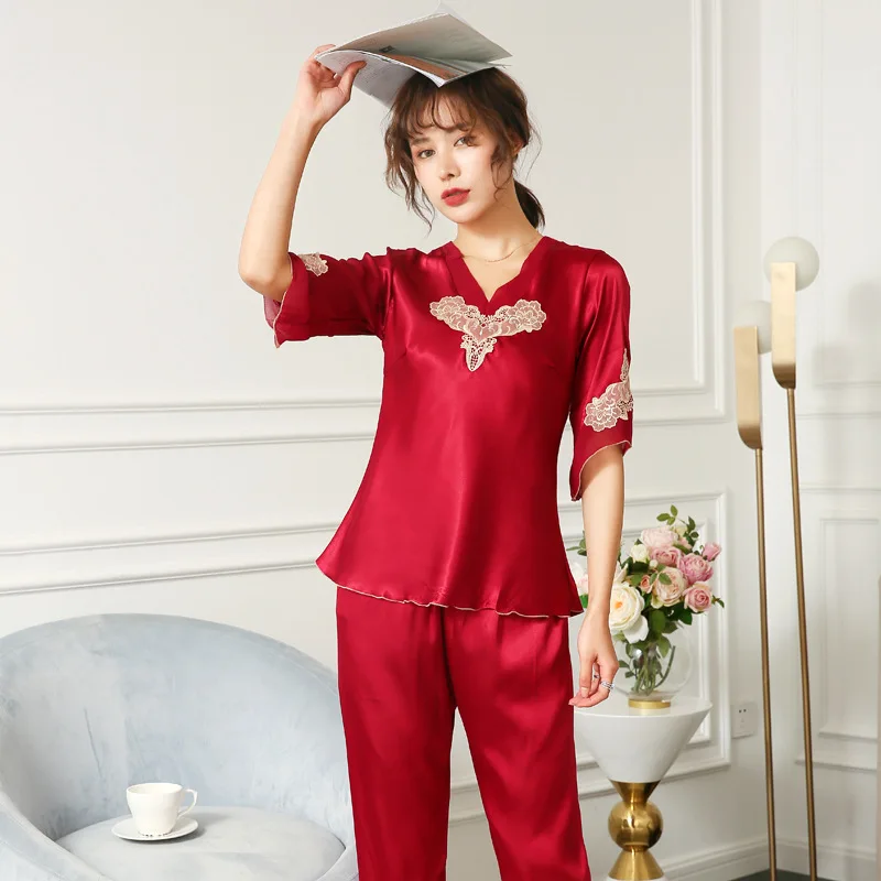 Шелковые пижамы Кружева пижамы 7 очков рукав Для женщин пикантные мягкие уютные сатин; Пижама; ночная рубашка; одежда для сна; комплекты для сна одноцветное домашняя одежда - Цвет: Красный