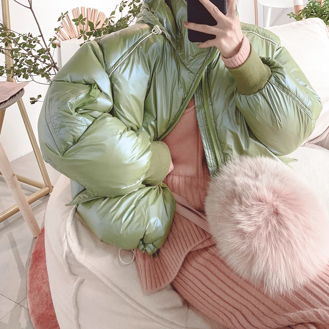 Avocado green Новинка, теплые женские топы на молнии, женская шапка яркого цвета, Корейская дутая куртка, пальто с хлопковой подкладкой, зимняя женская одежда L319 - Цвет: Avocado green