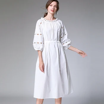 

2020Crochet hollow out Spring Dress big Size loose cotton midi dress slash neck sexy beach Dress elegant lantern sleeves vestido
