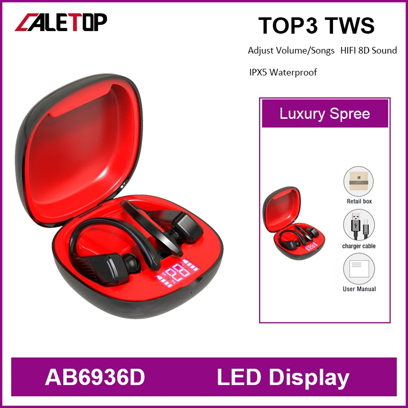 TOP 3 RED TWS Caletop, супер бас, беспроводные наушники для бега, TWS, спортивные Bluetooth гарнитуры с ушным крюком, беспроводные наушники для зарядки, PK B10 - Цвет: TOP 3 RED TWS
