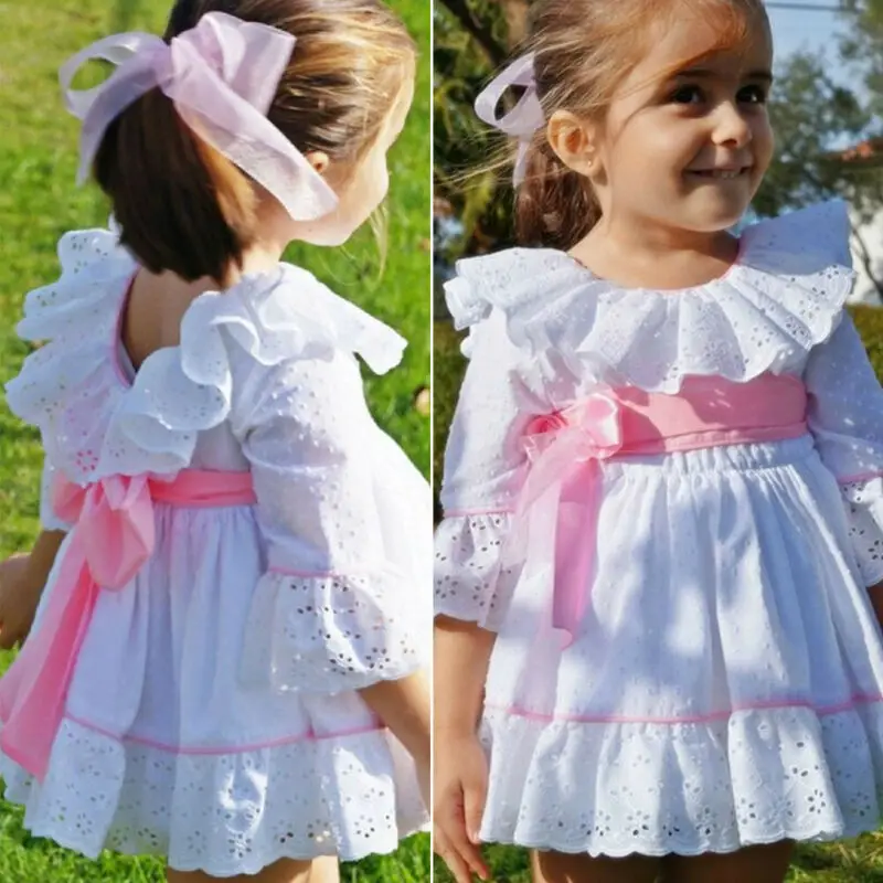 

Kids Baby Girl Princess Dress Ruffles Flare Sleeve Pleated Dress Big Bowkont Pageant Party Child Girl Lace Dress 1-6Y