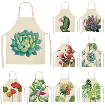 

1Pcs Succulent Plants Green Leaves Pattern Kitchen Aprons Home Cooking Baking Shop Cotton Linen Cleaning Apron 53*65cm