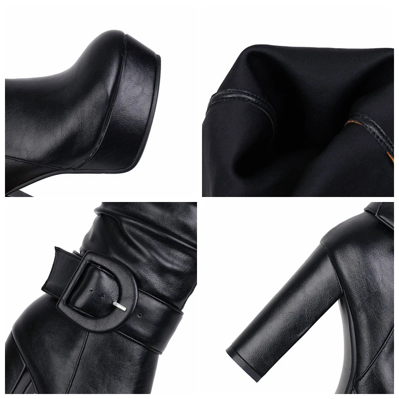 ORCHA LISA Pointed Toe Square Thick Heels Platform Women Knee Boots Pull On Big Bukle Pleated Boots Big size 32-46 Autumn Casual