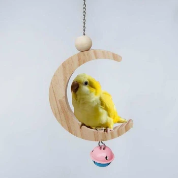 

Parrot Swing Perch Stand Toy Moon Shape Hanging Hammock Bell Pet Cage Bird Wooden Training Claw Feet Grinding Stick Chew Toys