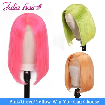 

Malaysian Straight Short Bob Wig Yellow Pink Green Lace Front Human Hair Wigs Pre Plucked 13x4 Bob Lace Front Wig 150 Density