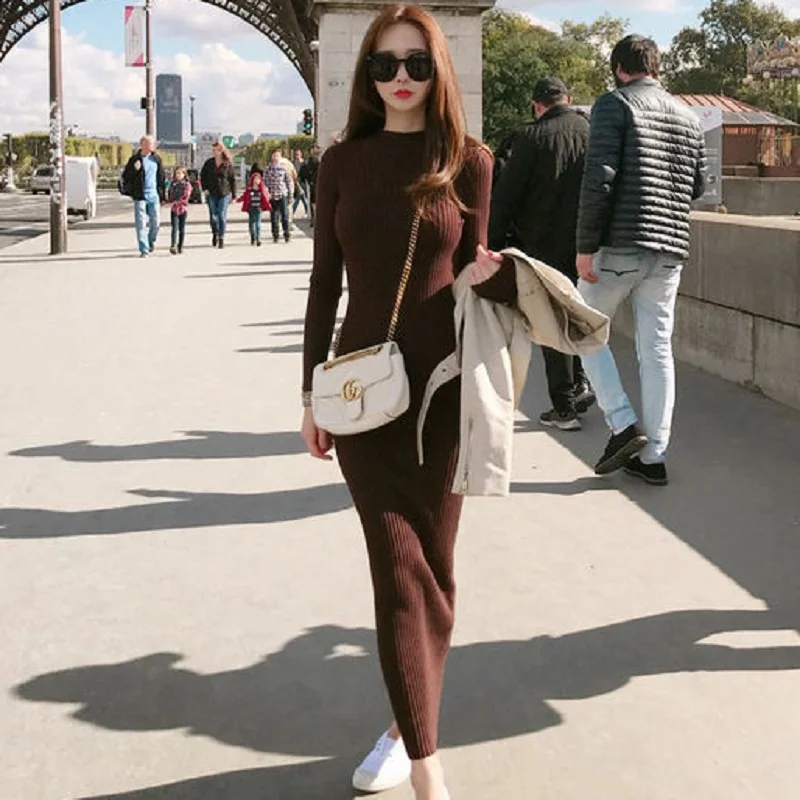 brown dresses Весна/осень женские свитера компьютерный Вязаный Круглый вырез х-длинные свитера осенние женские платья пуловеры свитера для беременных - Цвет: brown dresses