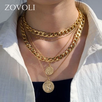 

ZOVOLI Punk Vintage Layered Portrait Coin Pendan Necklace Set Chunky Thick Cuban Link Chains Choker Necklaces For Women Jewlery
