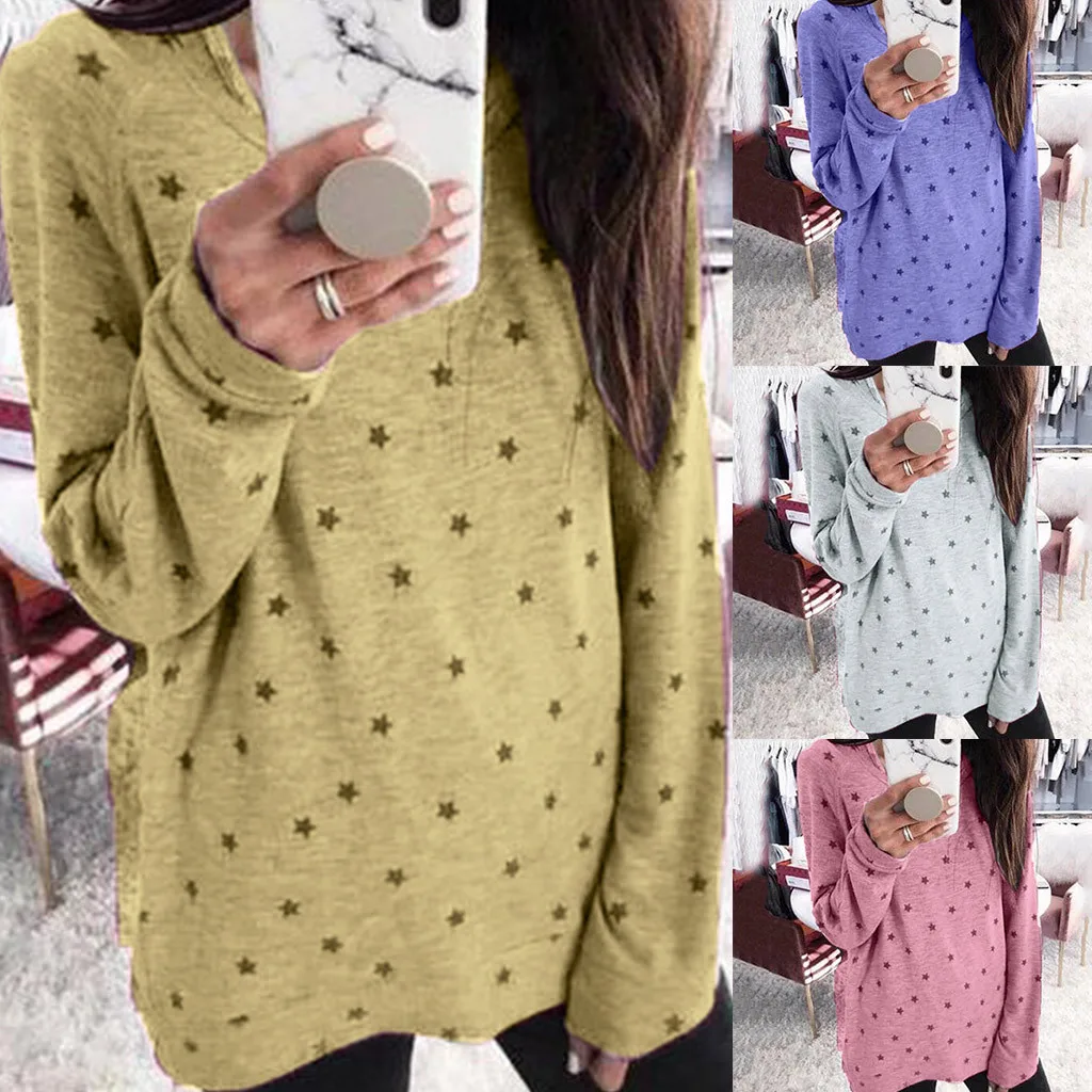 

2019 Tshirt Women Autumn Winter New Stars Printed Fashion Round Neck T-shirt Haut Femme Poleras Camiseta Mujer Top Women T Shirt