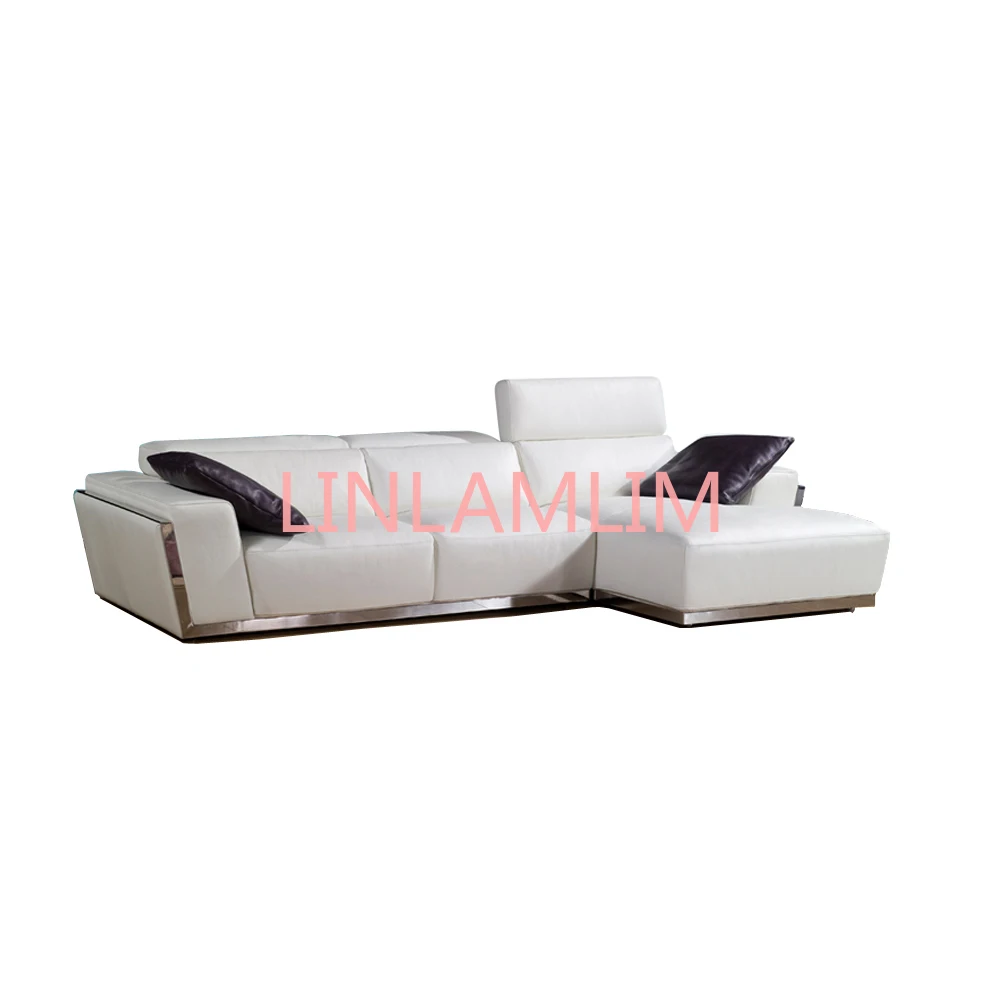 

living room Sofa L shape corner genuine leather couch Nordic with stainless steel decration and functional headrests muebles de