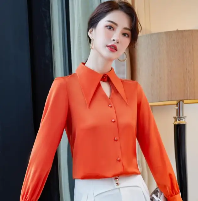 Orange Shirt Women Long Sleeve V Neck Blusas Mujer De Moda 2022 High-end  Formal Chiffon Blouses Office Ladies Fashion Work Top - Women Shirt -  AliExpress