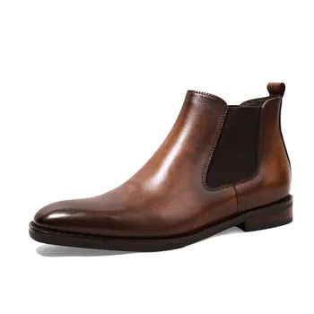 

Italian British 100% Real Leather Chelsea Ankle Boots Handmade Retro High Top Slip On Booties Men Autumn Shoes Botas Hombre 44