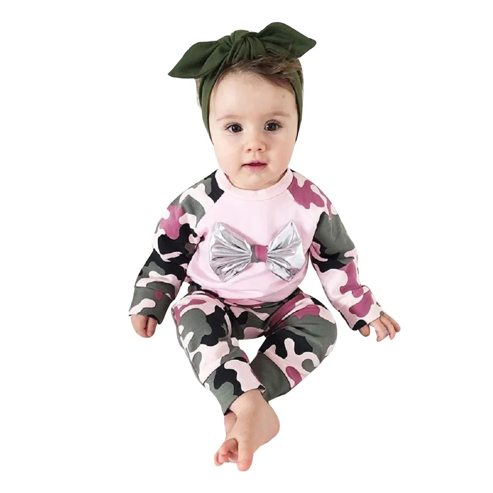 Newborn Baby girls Camouflage outfits Infant Romper Bow Tops Pants Outfits clothes set 2pcs suit for baby girls 109