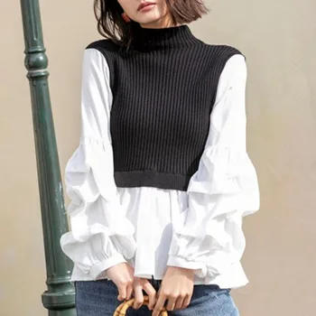 

2020 Spring Turtleneck Knitted Sweater Women Long Sleeve Korean White Patchwork Loose Pullover Tops Harajuku Oversized Jumper