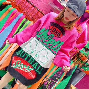 

Sweater women loose outside wearing Hong Kong-style color letters against the color sweater women age-wearing sweater women