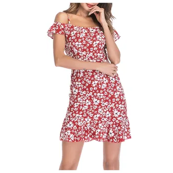 

Summer Dress Floral Printed Fashion Women's Sexy Cold Shoulder Ruffled Bohemian Dress платье женское