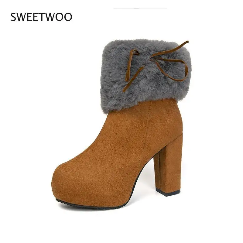 Women Thick Platform High Heel Boots Waterproof Velvet Ankle Boots For Winter 2021