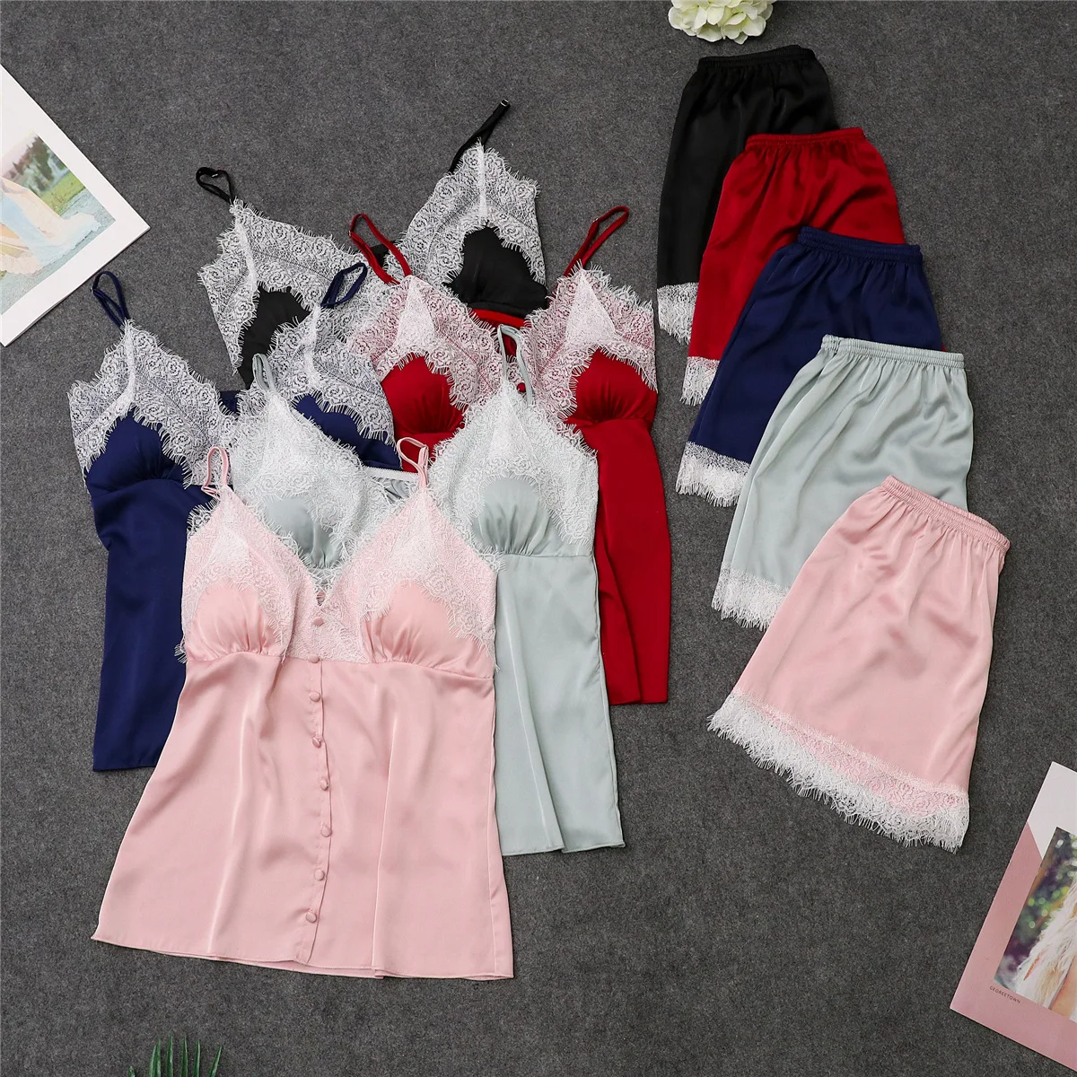 

Black Summer Sexy Pajamas Robe Sleepwear Sleep Sets Womens 2pcs Strap Top Pants Suit Casual Home Wear Nightwear Bath Gown M-XXL