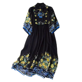 

Indie Folk Real Silk Newest Womens Designer Dresses Medieval Lantern Sleeve Loose Print Bow Collar Elegant Dresses for Women