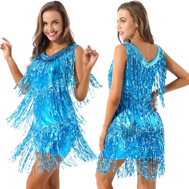 Vestito Da Ballo Latino Con Paillettes E Frange - Senza Maniche Per Salsa, Cha Cha, Tango