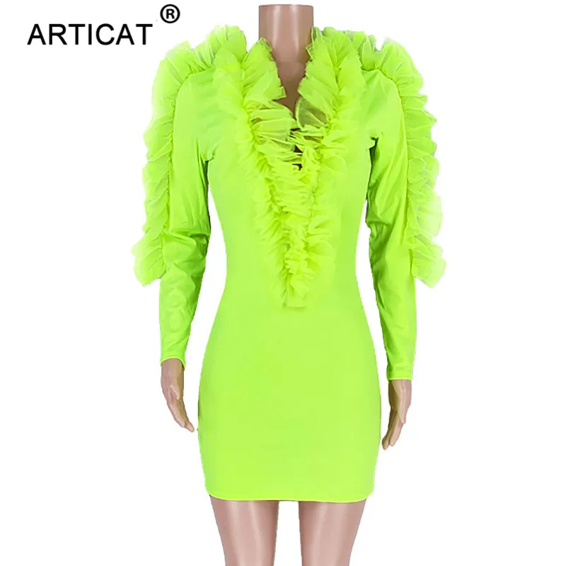 Articat Ruffles Mesh Patchwork Sexy Dress Women Deep V Neck Long Sleeve Slim Autumn Dress Elegant Short Party Club Dress