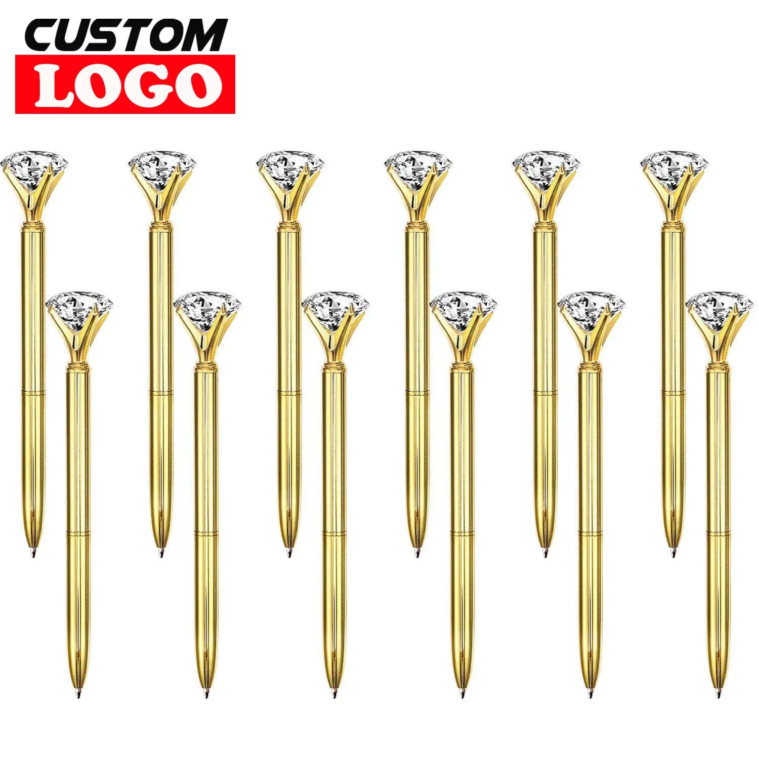 50 Pcs Big Crystal Diamond Metal Ballpoint Pen Ring Wedding Office Gift Roller Ball Black Blue Ink Rose Gold Free Custom Logo | Канцтовары