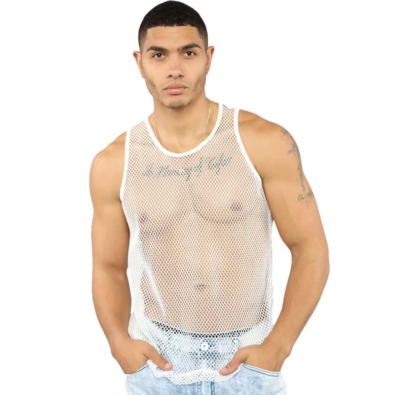 New Men's Tops Sexy Mesh Sheer Perspective Vest Fishing Net Muscle Sleeveless See Through Tops