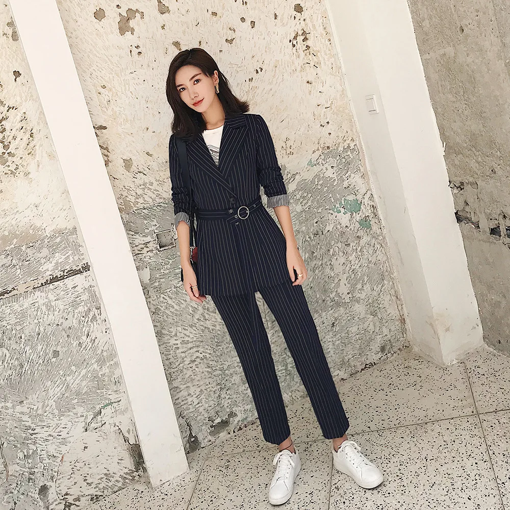 

2019 New Style Spring Elegant Slim Fit Stripes Coat Suit Two-Piece Set