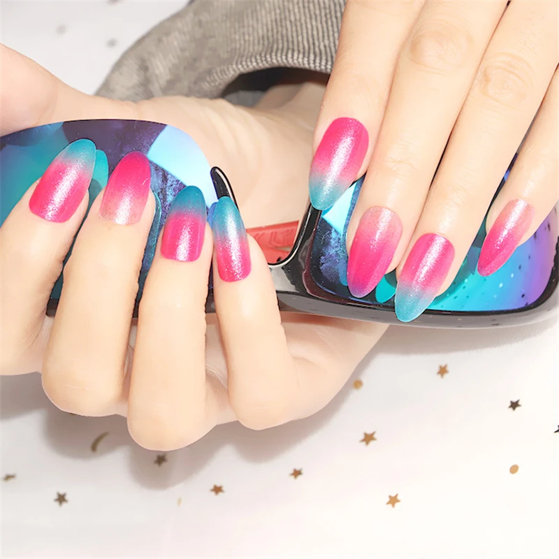 Nusx Light Pink Blue Oval Short Designer Press On Nails Pearl