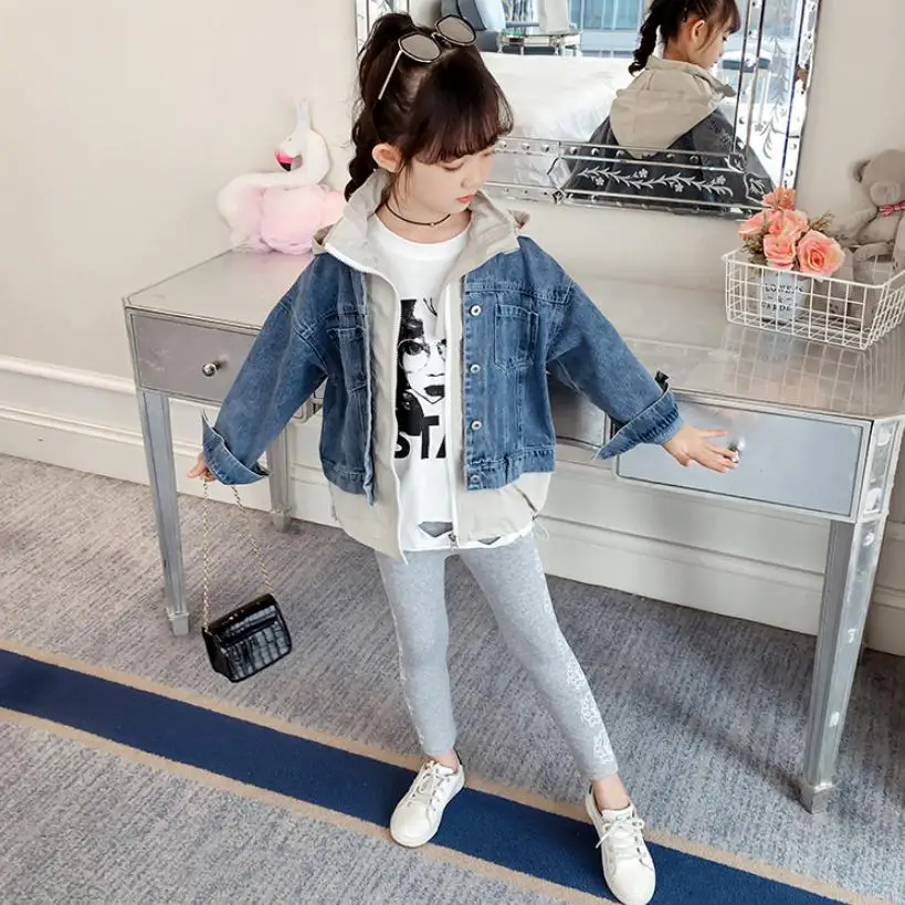 Детская Модная Джинсовая Куртка Harajuku, Повседневная джинсовая куртка из двух предметов, детская верхняя одежда, Y1864