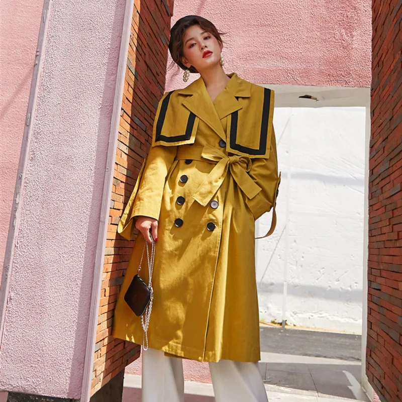 

LANMREM 2020 Vintage Stitching Double-breasted Tie Windbreaker Female Long-sleeved Suit Collar Coat Spring PB841