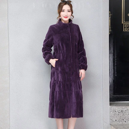 purple Пальто размера плюс 6XL, благородное зимнее Норковое Пальто с короной, пальто в клетку из натурального меха, воротник-мандарин, женские пальто из норки 871 - Цвет: purple