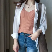 Для женщин сплошной цвет V образным вырезом без рукавов Kinitting Тонкий жилет Топ дышащий для лета NOV99