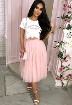 

Summer 2019 Women Ruffle Midi Pink Tulle Skirt Casual High Waist Mesh Tutu Skirt Pleated Elegant Sweet Elastic Sundress