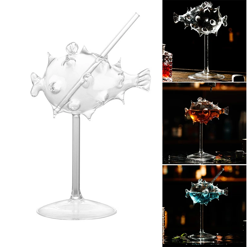 200ml Creative Pufferfish Cocktail Wine Glass Martini With Straw Transparent Goblet Bar Party Drinkware Coffee Mug | Дом и сад