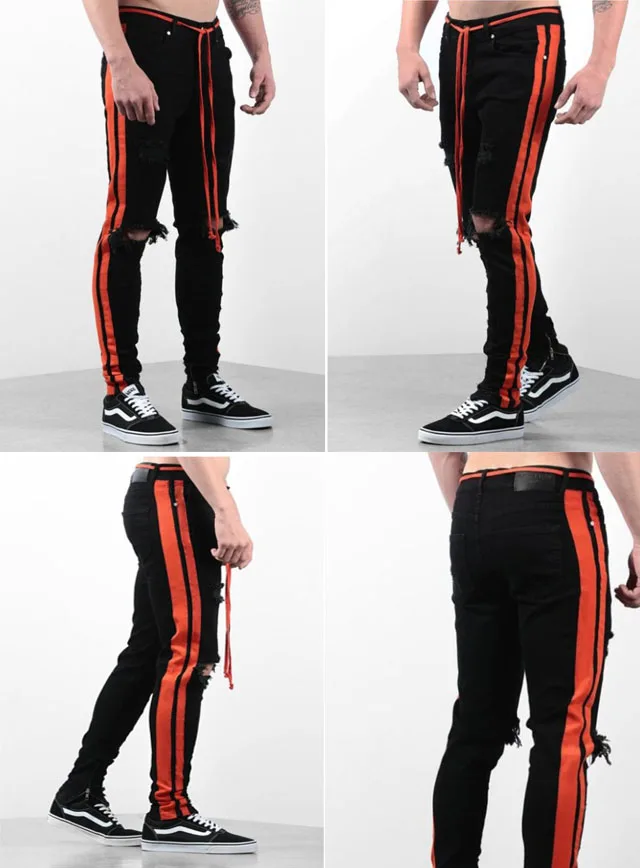 

Mens Skinny Jeans Striped Denim Pants fashion Man Full Length Pencil Trousers