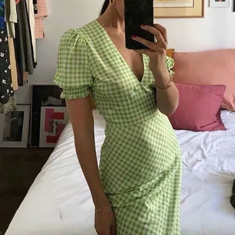 Vintage green plaid dress women midi dress with sleeves puff sleeve dress casual boho dresses elegant beach vestidos fall