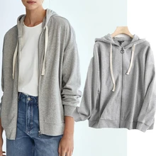 

Dave&Di Sweatshirt 2021England Style Fashion Simple Solid Zipper Winter Hoodies Women Cotton Casual Hooded Women Tops Plush