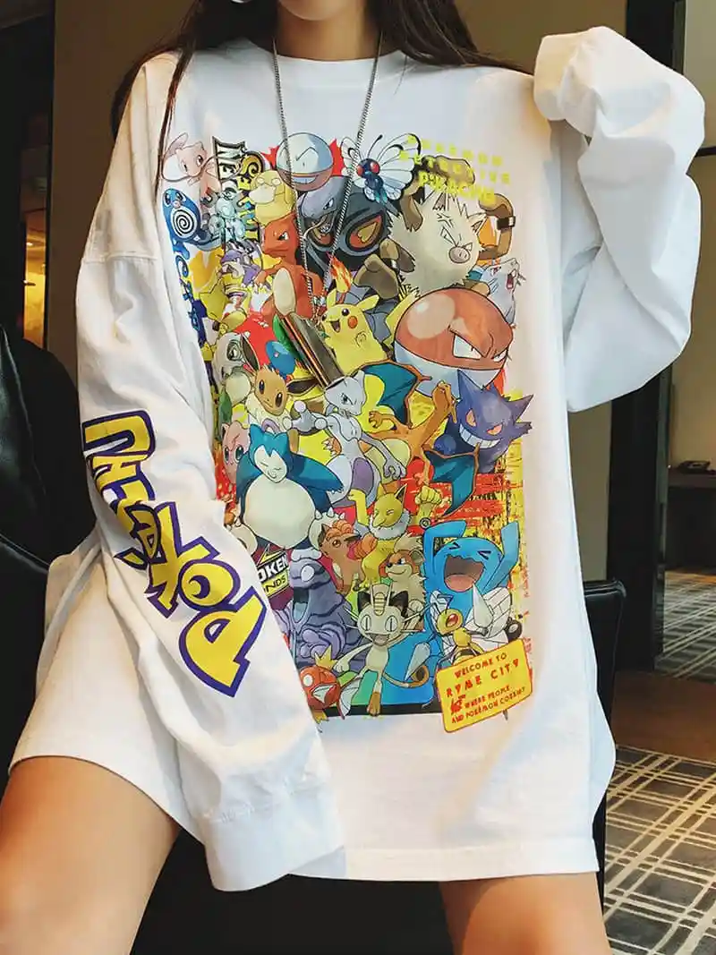 

Harajuku Ulzzang Oversize Tshirt Pokemon Print Long Sleeve T-Shirts Korean Women clothes 2019 Autumn T Shirt Female Casual tops